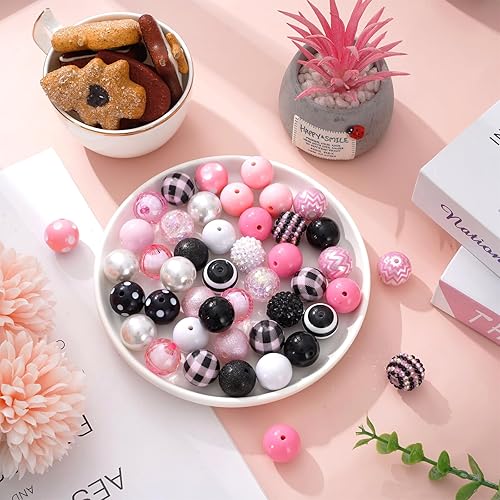 Miniatura 4 de Whaline 50 cuentas de goma de mascar mixtas de 0.78 pulgadas, 16 estilos, cuentas espaciadoras rosas y negras, juego de cuentas gruesas de punto a