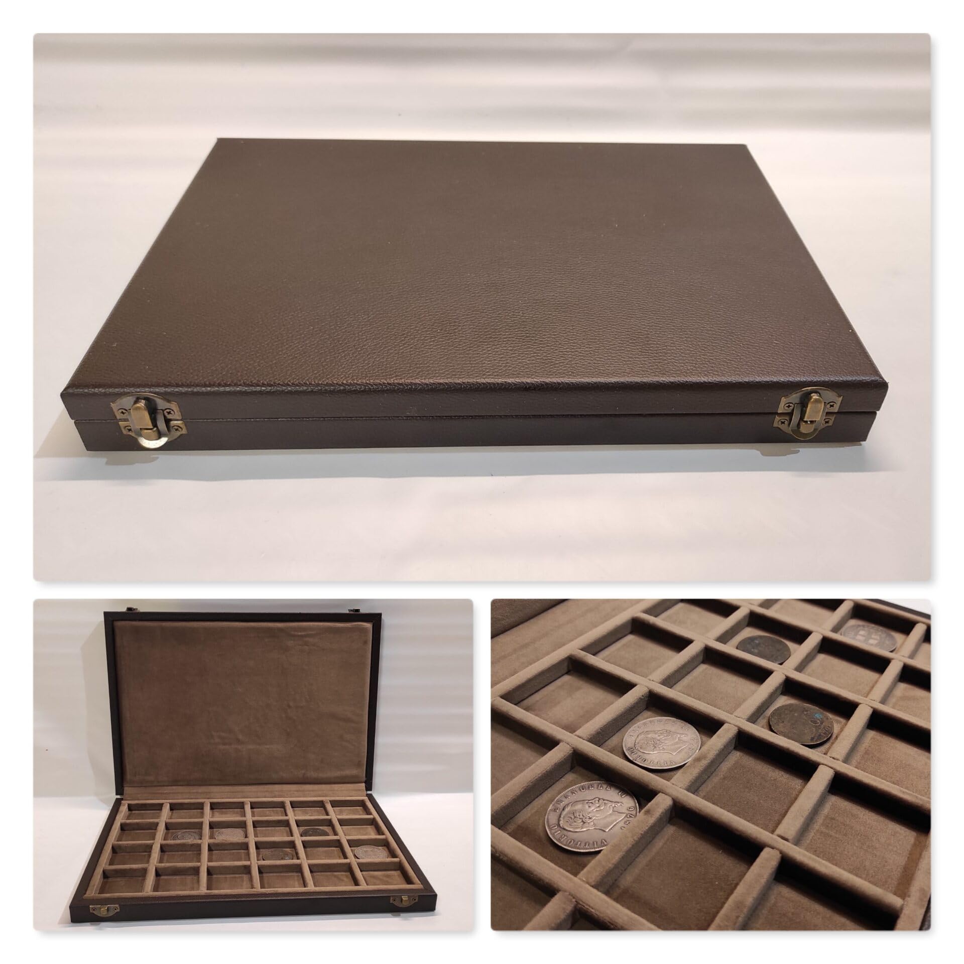 Caja para Monedas y medallas de Madera y Polipiel marrón, Terciopelo Italiano, hasta 54 Compartimentos, Hecha a Mano – Estuche numismática Artesanal