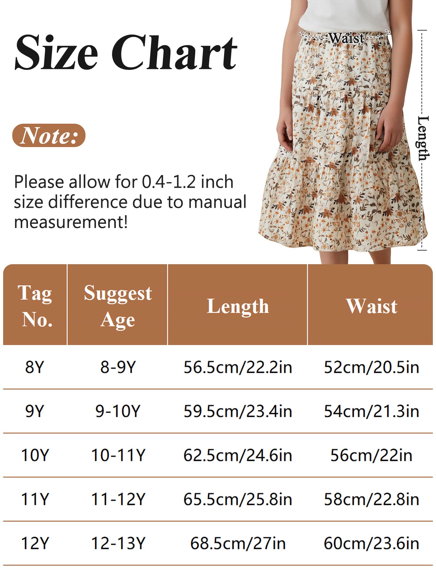 Maxi gonna floreale da ragazza, stile boho, linea a trapezio, elastica, a vita alta, gonna lunga, per vacanze estive e vacanze 8-13 anni