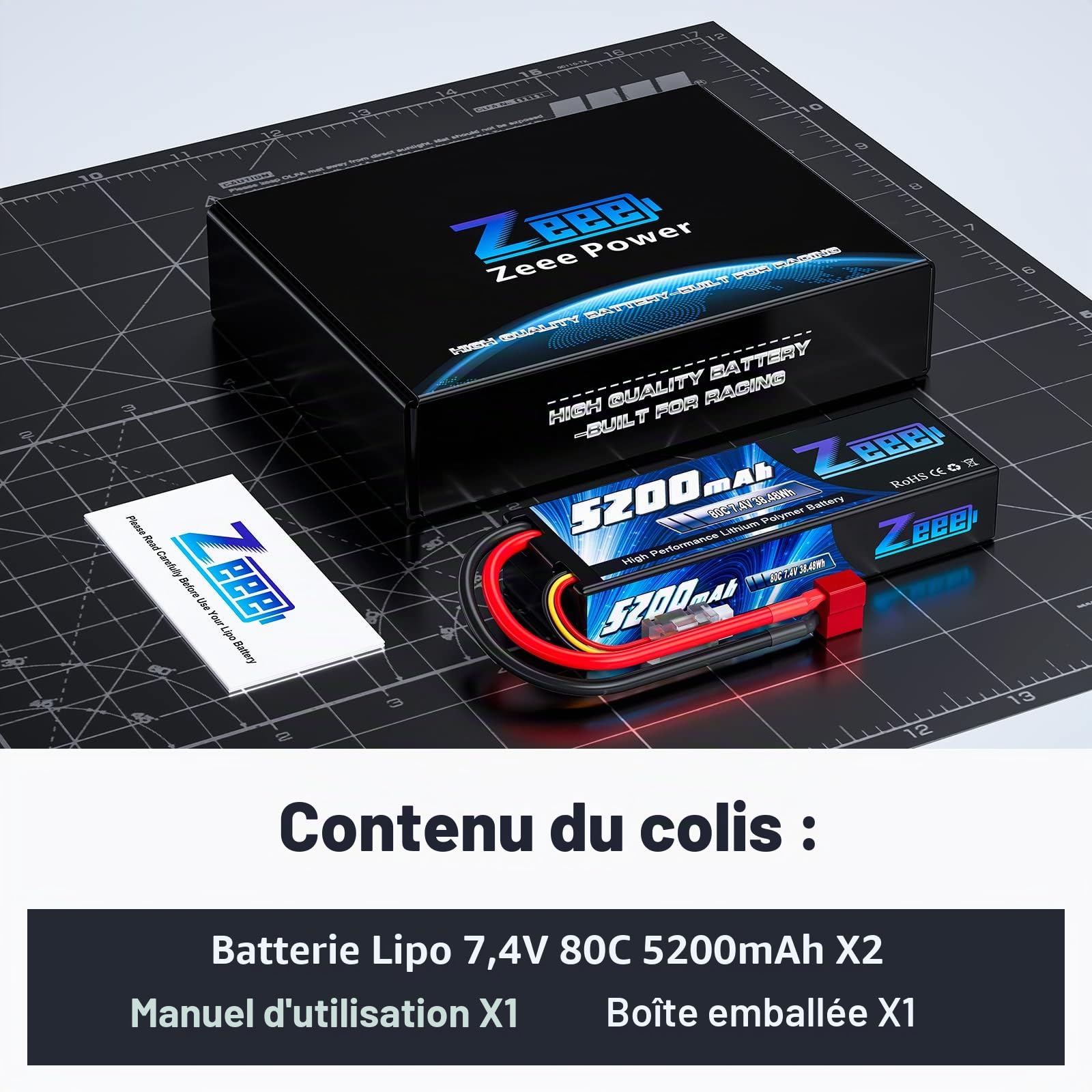 Zeee 2s lipo Batterie 5200mAh 7,4V 80C RC Batterie, avec connecteur Deans T Fiche, pour RC Evader BX Auto Car Truck LKW Truggy RC Hobby (2 Paquets)