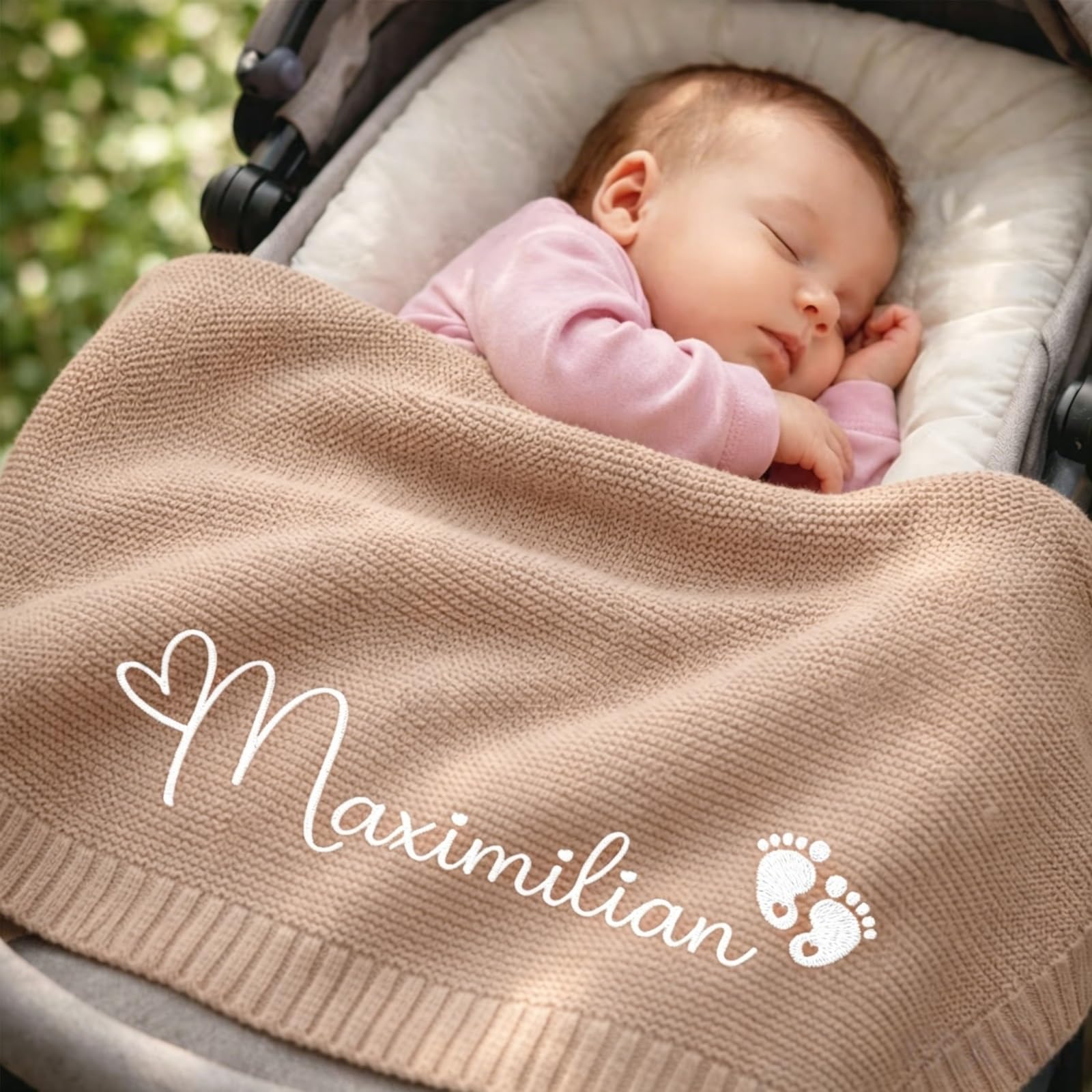 ZZTINGC Personalized Baby Blanket with Name and Icon, Cotton Knitted Blanket for Newborn, Custom Embroidered Gift for Toddler Stroller, Baby Shower(Light Brown)