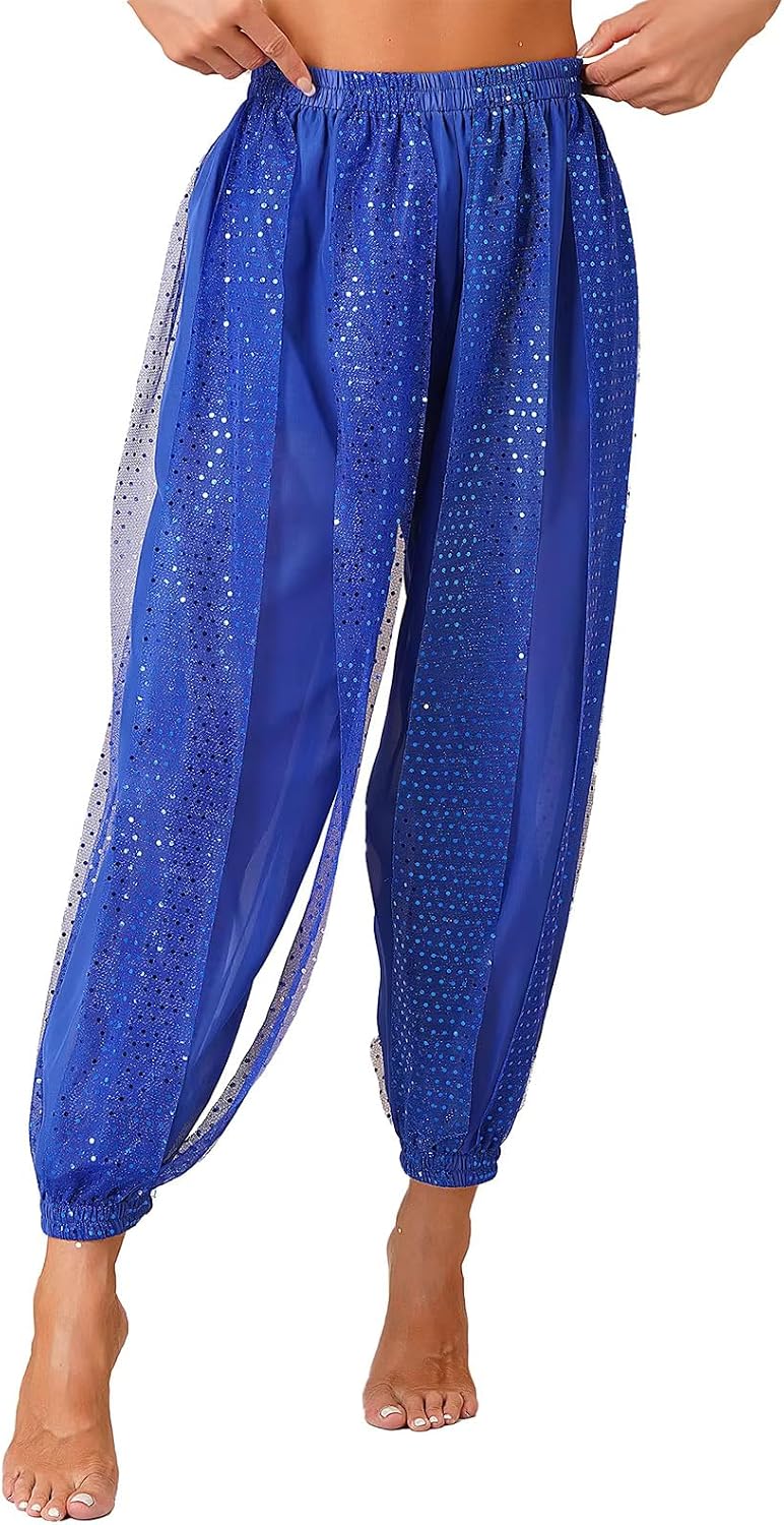 Women's Chiffon Harem Dance Pants Arabic Lantern Shiny Sequins Trousers for Dancing
