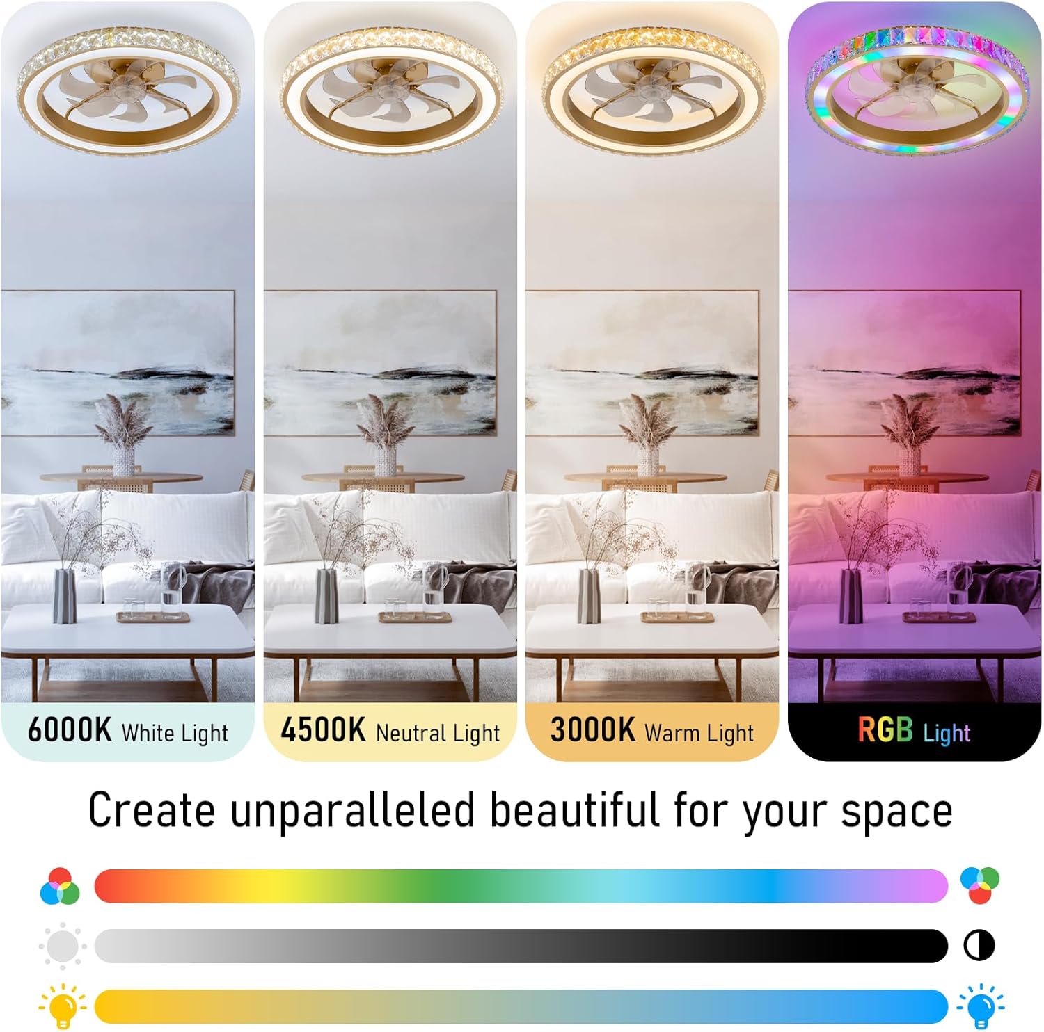 RGB Ceiling Fans with Lights, 22" Low Profile Ceiling Fan with Light for Bedroom,Smart Bladeless LED Fan Light,Gold Modern Chandelier Crystal Ceiling Fan Light with Remote/APP Control