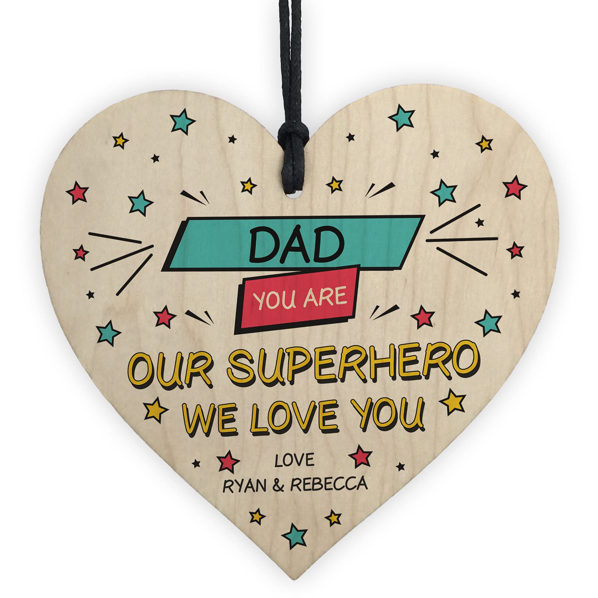 Fathers Day Birthday Gift For Dad Personalised Wood Heart Superhero Plaque