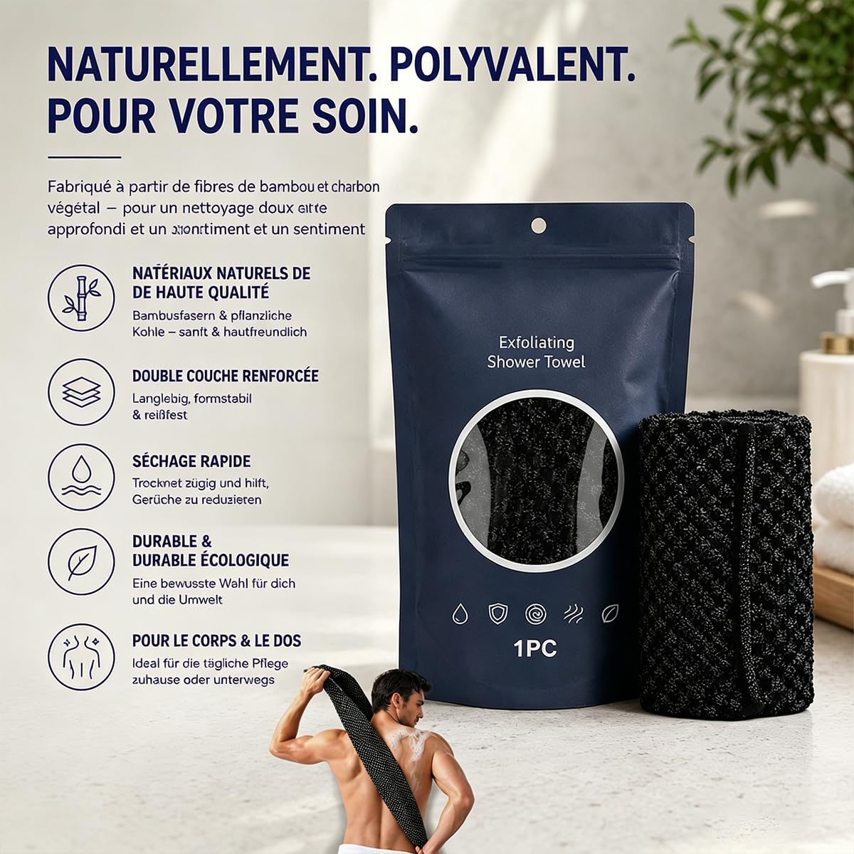 Serviette De Douche Exfoliante Ecovia, Exfoliation Douce, Serviette Exfoliante Douche, Homme Femme, Douce Corps et Visage, Pour Les Voyages Et Les Soins Corporels Quotidiens (Noir+rose+bleu)