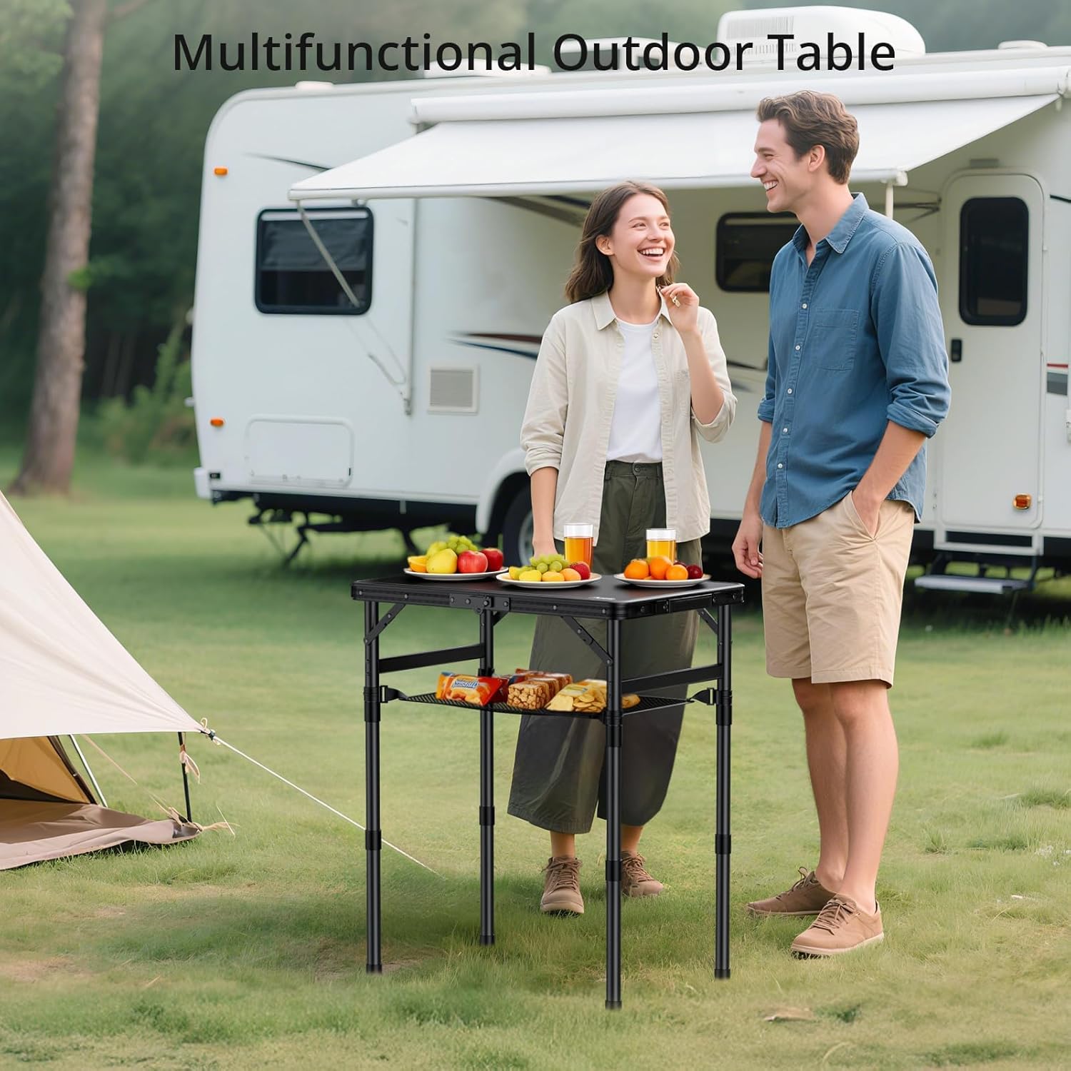 Anbte 2ft Small Folding Camping Table, Waterproof Flat Plastic Tabletop 3 Adjustable Height Portable Camping Table with Storage Net, for Picnic Indoor Outdoor Travel Beach, 22.8" X 15.7", Pure Black