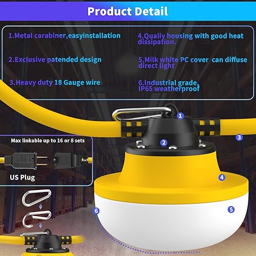 Miniatura 6 de Cadena de luces de construcción de 100 pies con 10 bombillas de 100 W, 14000 lúmenes, luces de trabajo industriales LED de 5000 K, iluminación