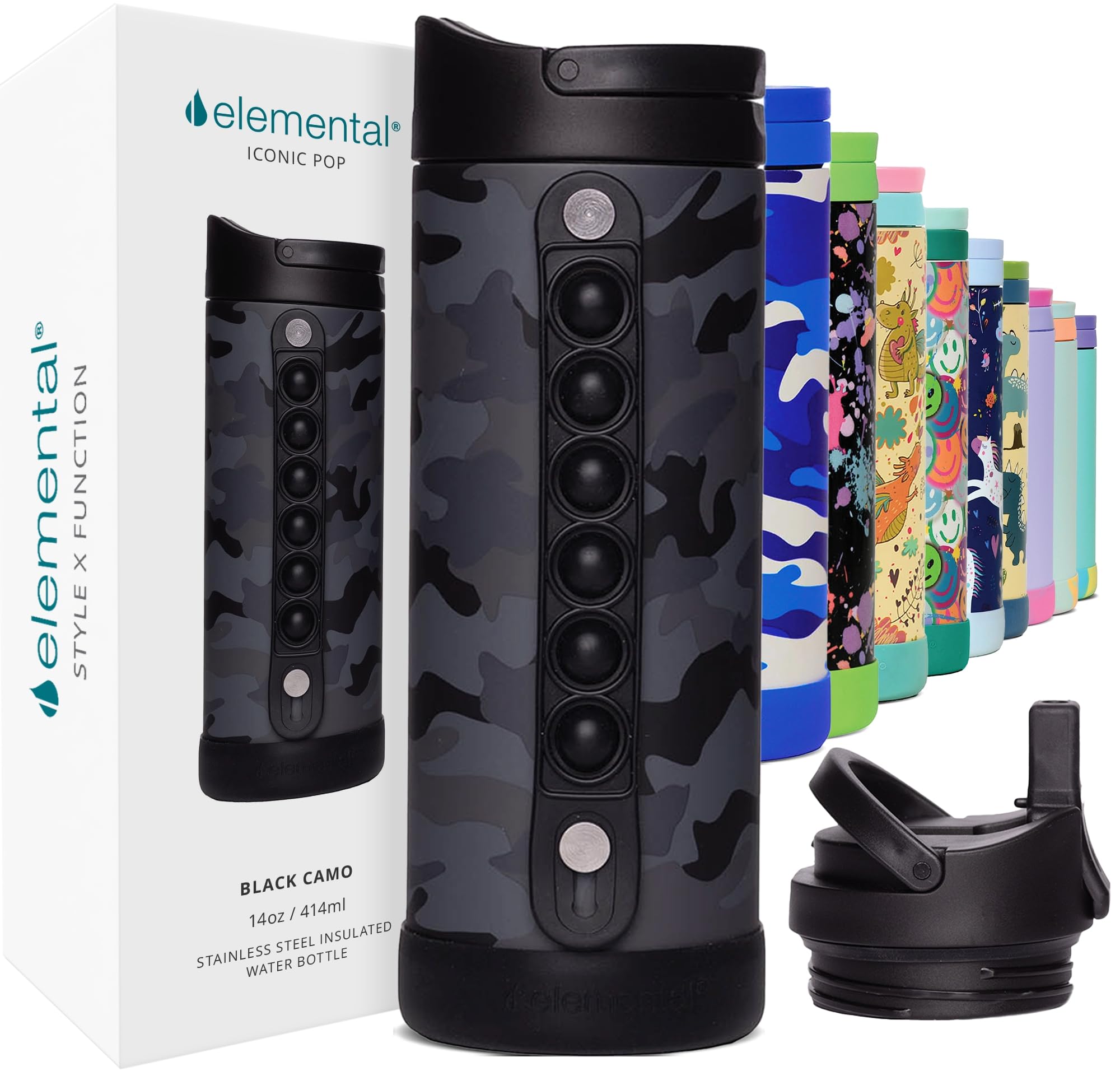 Elemental Iconic Kids Water Bottle with Straw Lid & Stress Relief Pop It Handle, Leak-Proof When Closed, Triple Insulated Kids Stainless Steel Water