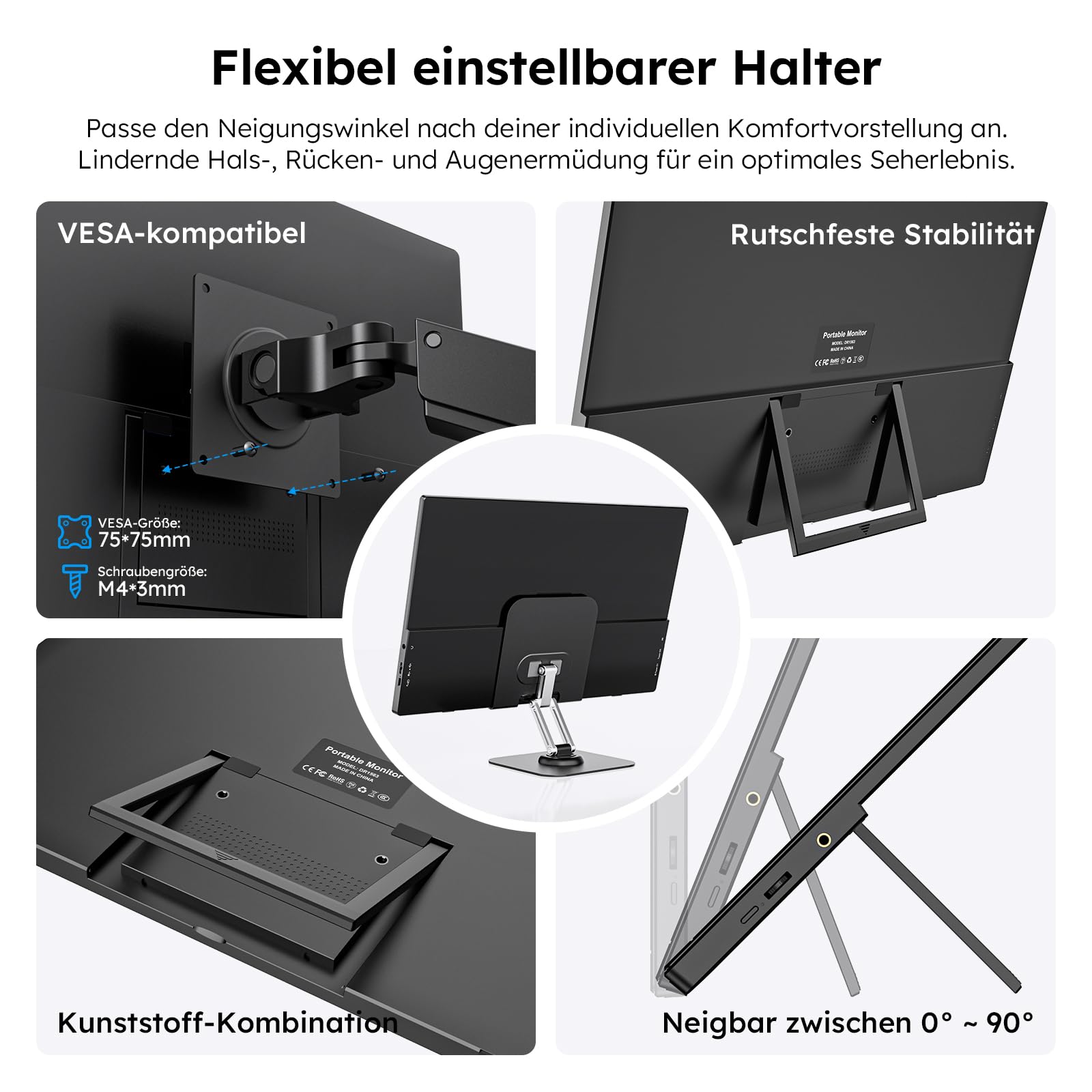 Przenośny monitor 15,6" ze stojakiem, FHD 1080p przenośny monitor do laptopa | Ultra-cienki monitor IPS z regulowaną podstawą i głośnikiem, USB-C i mini HDMI, do laptopa/komputera/Mac