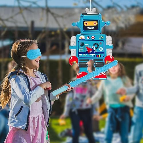 Miniatura 6 de Piñata robot con borla roja y azul, máscara de ojos y confeti de doble borla para niños y niñas, fiesta de cumpleaños, baby shower, decoración de