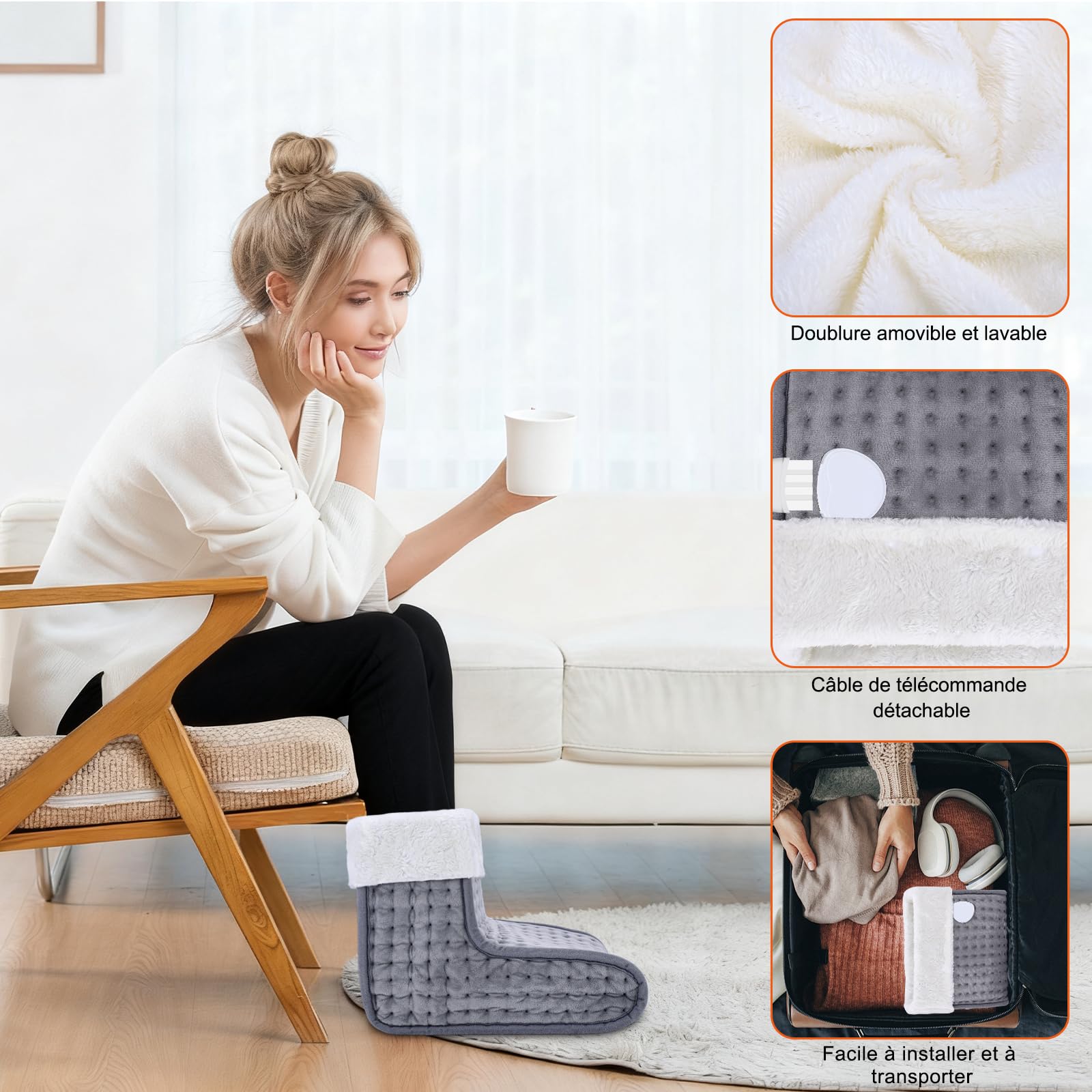 DEWEL Chauffe-pieds électrique 90 W 10 Niveaux de Température 30-60 ℃ Minuterie 45/90/120 min Doublure Amovible et Lavable Jusqu'à la Taille 44