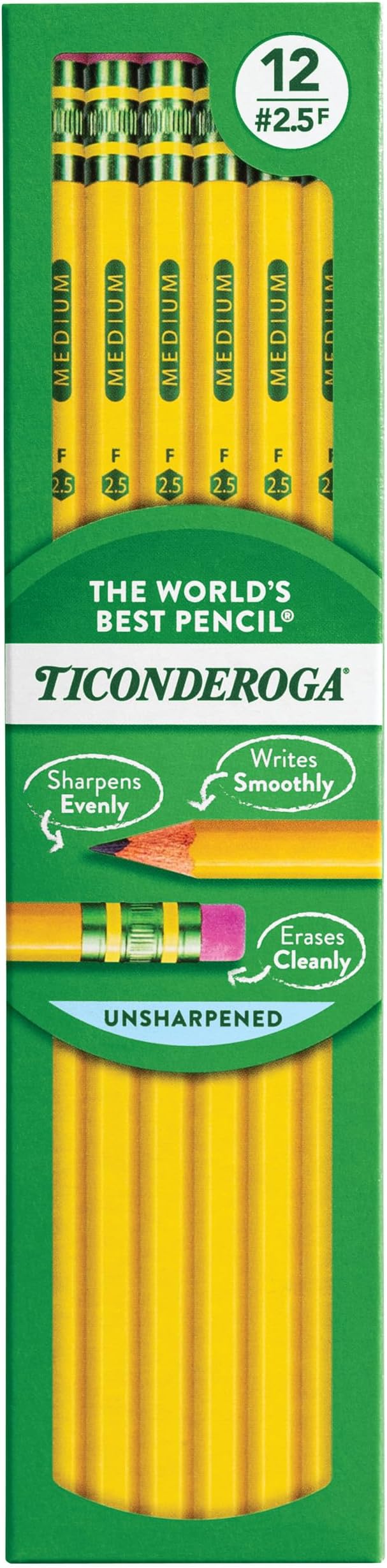Wood-Cased Pencils, Unsharpened, #2.5 F Medium, Yellow, 12 Count