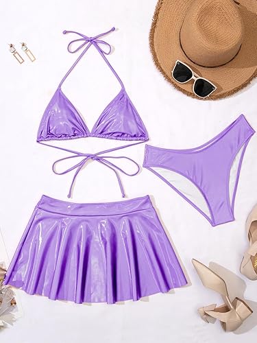 Miniatura 2 de Trajes de baño triangulares de 3 piezas para mujer, conjunto de bikini metálico, traje de baño con tanga con falda de playa, trajes sexys para