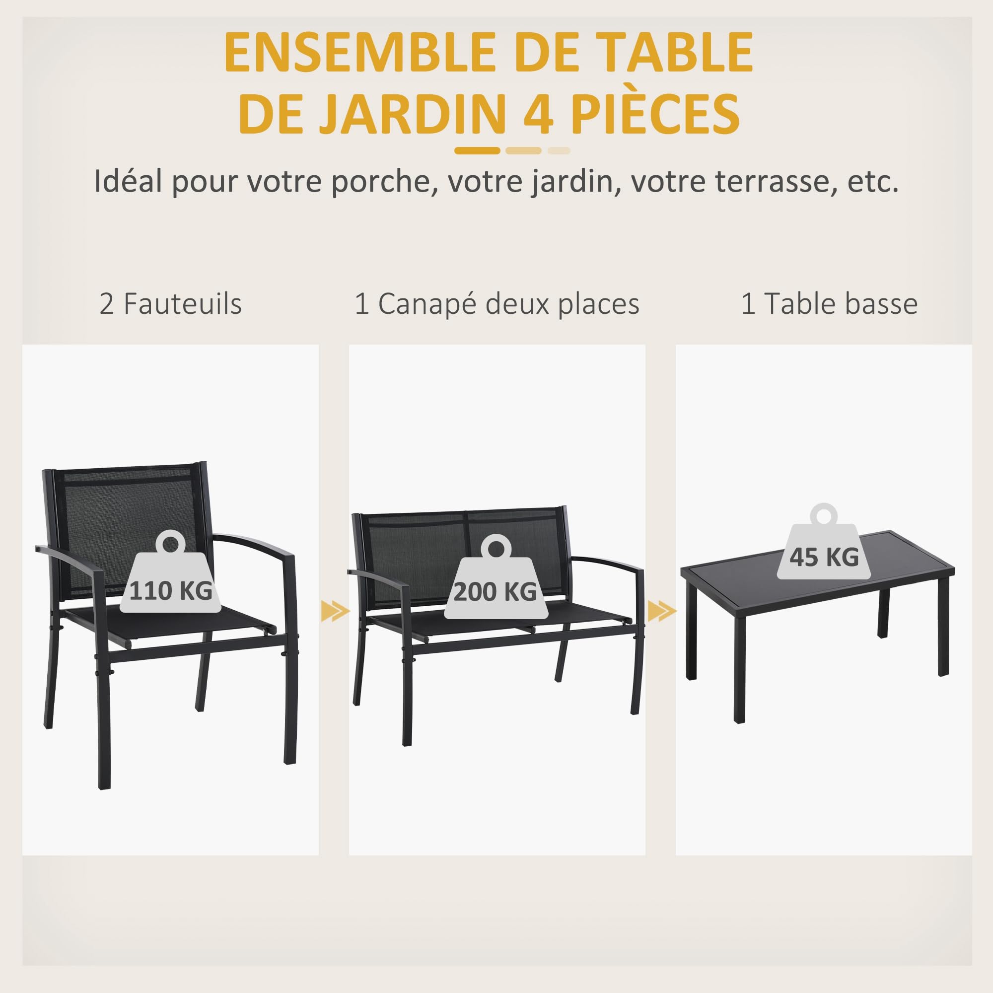 Outsunny Salon de Jardin extérieur 4 pièces avec canapé 2 Places, 2 chaises et Table Basse en Verre trempé, Coussins Inclus, mobilier de Jardin terrasse Veranda, Noir