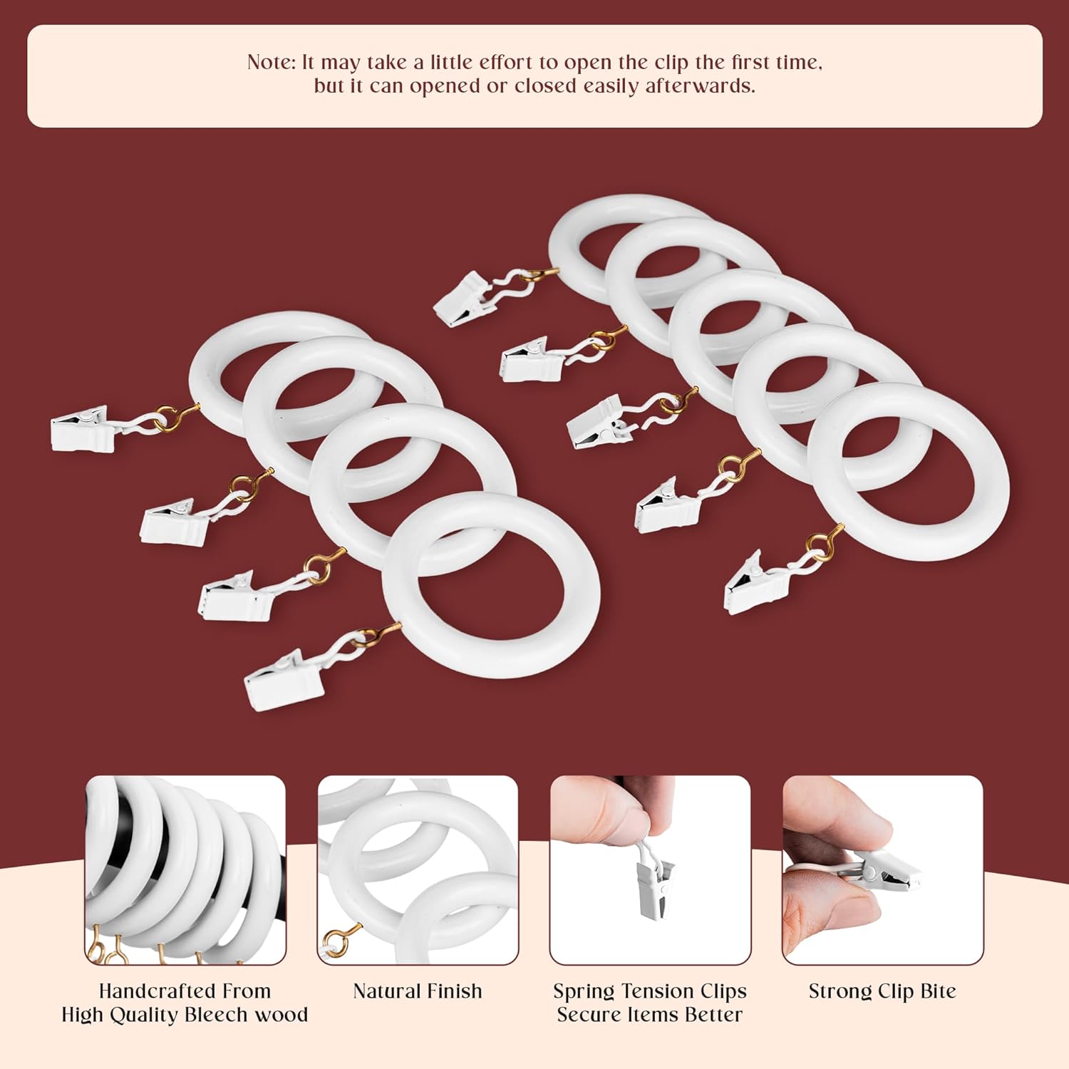 White Curtain Clip Rings with Hooks – Polished Shower & Drapery Rings – 3 Inch Outer, 2.2 Inch Inner Diameter – Set of 48