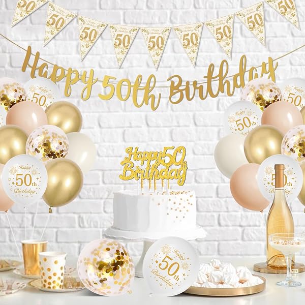Décoration Anniversaire 50 Ans Femme - Ballons Blanc Or, Confettis Latex, Bannière Joyeux Anniversaire - 5