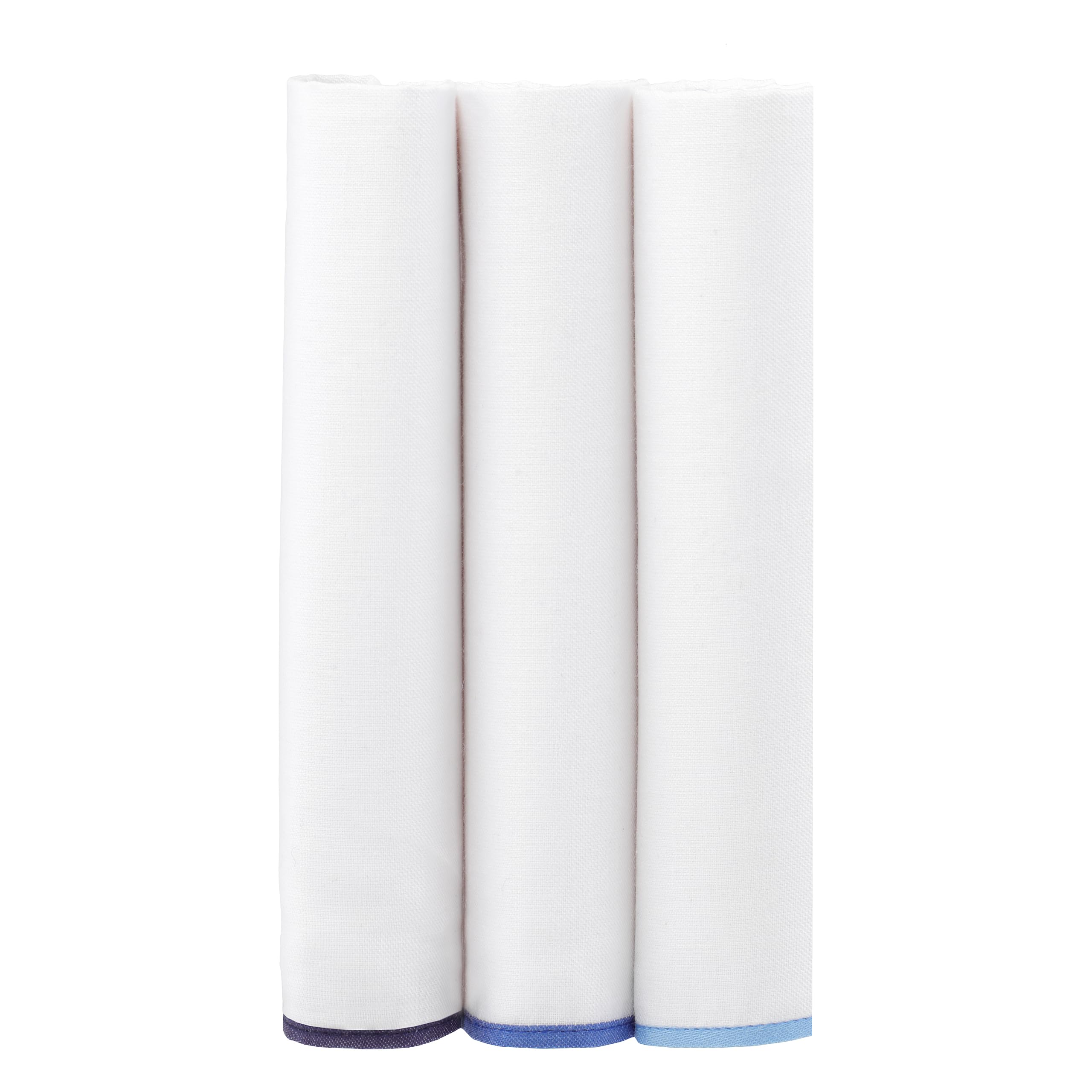 Mandittions Men's 1 Pk Plain White With Mixed Blue Edges Box Of 3 White Handkerchiefs With Mixed Blue Edges Soft Cotton Large Size 45Cm X 45 Cm