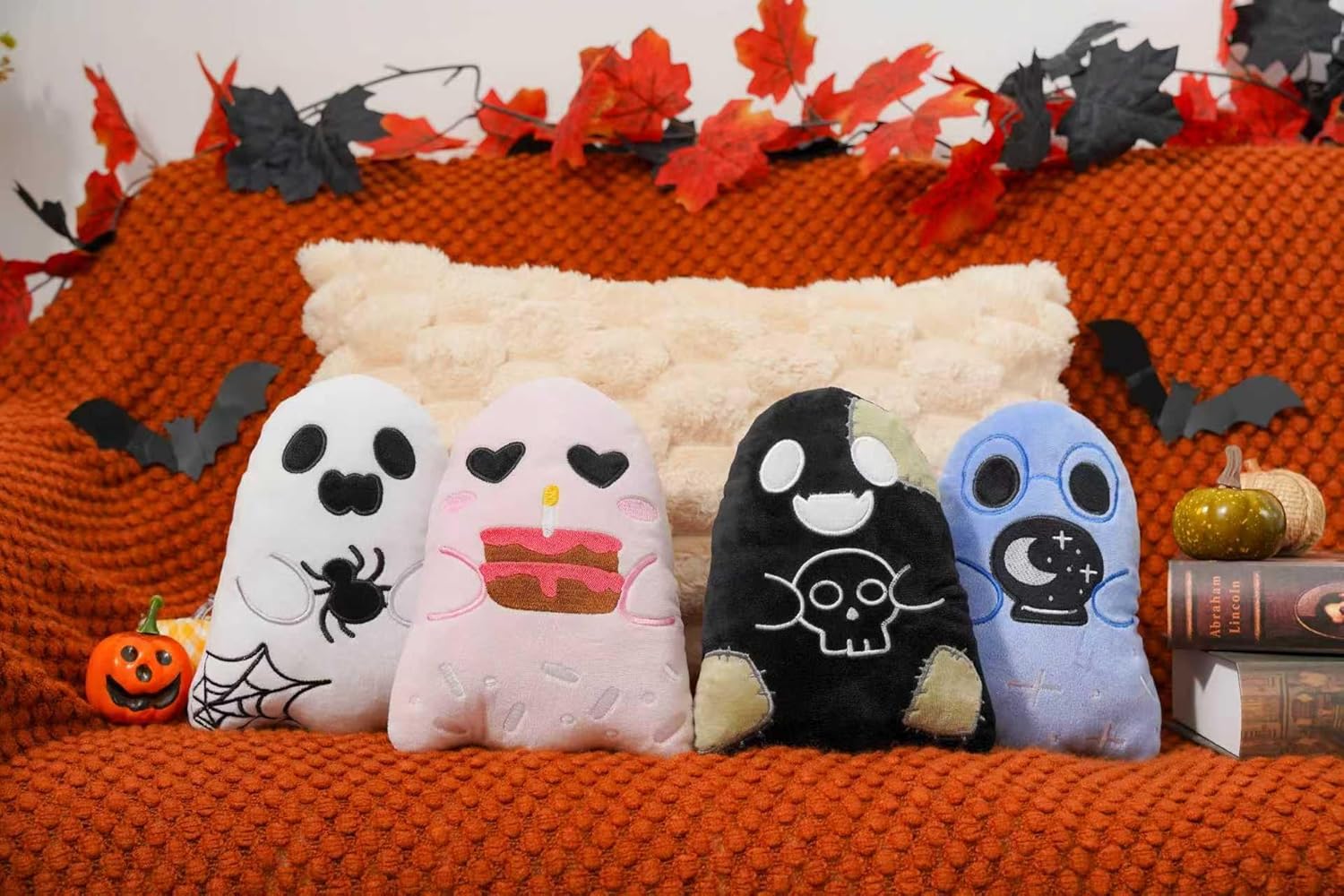 Tian Zhun Ghost Pillow Set of 4 Cute Halloween Throw Pillow Cushion 7 x 7.9 Inch for Sofa Bedroom