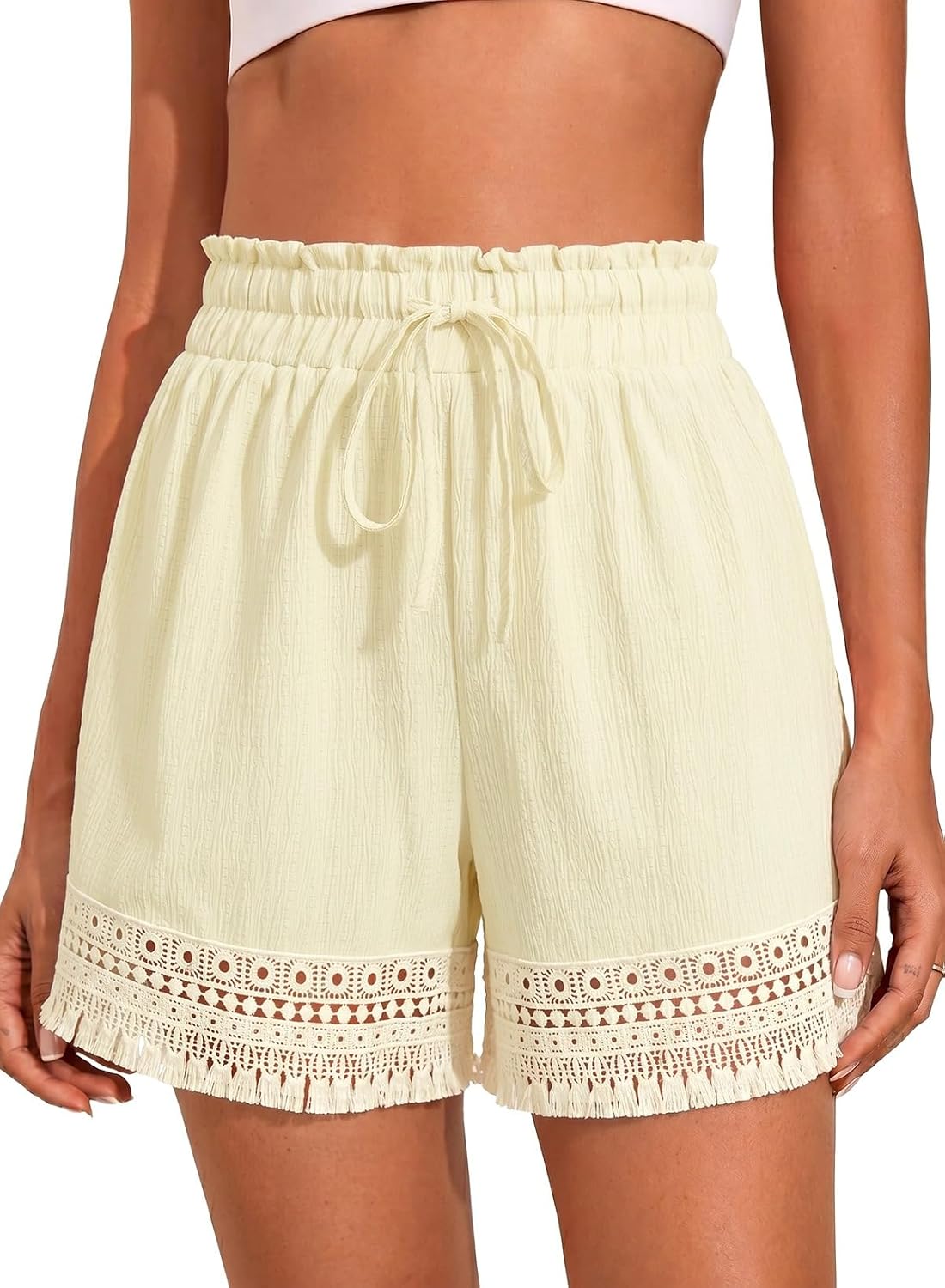 Dokotoo Womens Shorts Summer Casual Loose Elastic Waist Drawstring Tassel Embroidery Beach Cover Up Shorts