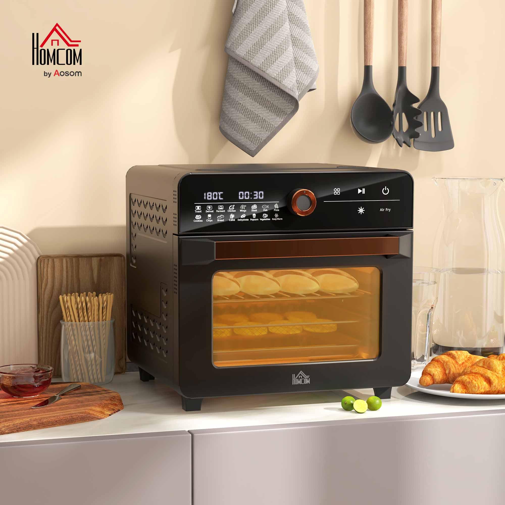 HOMCOM Mini forno a convezione 20L 3 in 1 Mini forno con griglia, teglia e vassoio per le briciole, friggitrice ad aria calda 40 °C-220 °C con cestello per frittura, timer, luce interna, 1400W,