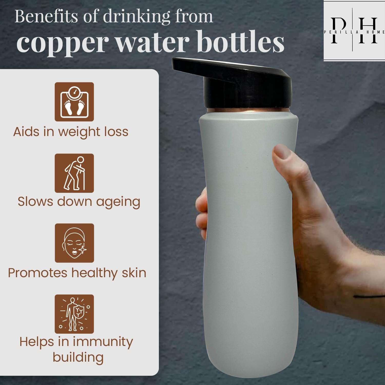 Perilla Home Flasche aus 99,97 % reinem Kupfer zum Trinken, mit Sipper und Deckel, ayurvedische Wasserflasche, Mehrzweckflasche für Fitnessstudio, Reisen, Outdoor, Innenbereich, auslaufsicher, Grau