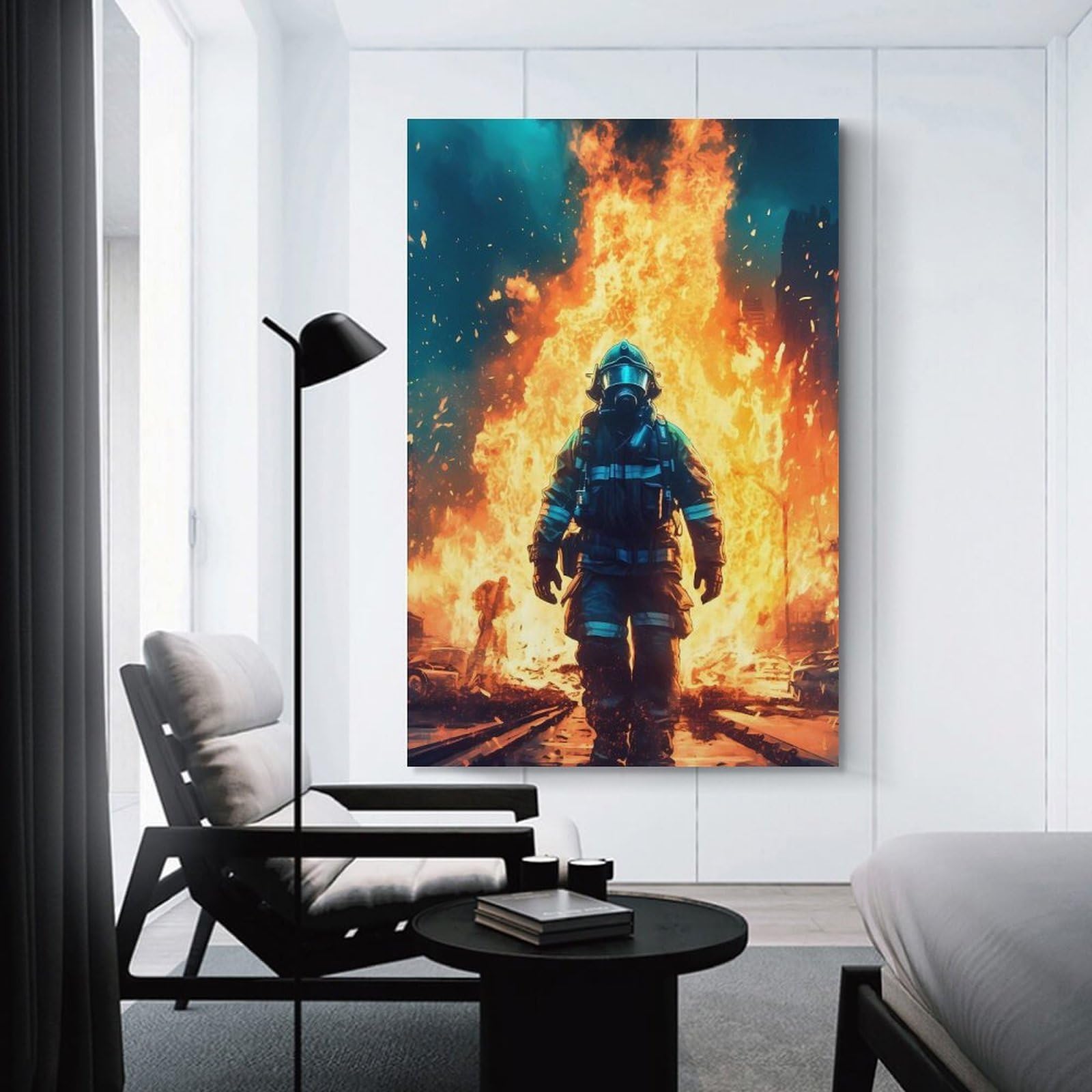 Junmoney Canvas Wall Decor Firefighter Fire, 08x12inch(20x30cm), for Living Room, Bedroom, Office Or Hallway, Decorative Artwork with Broad Appeal
