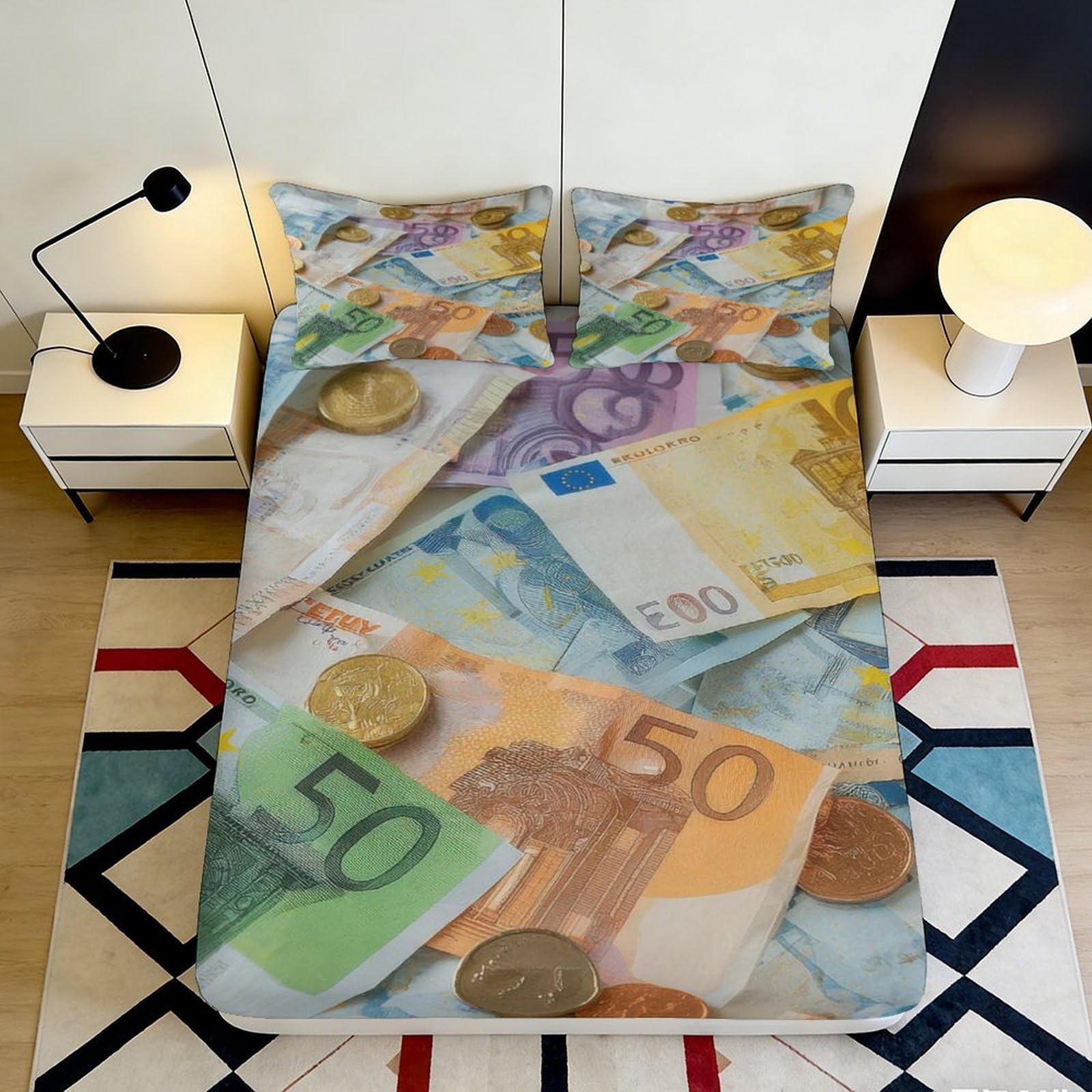 3D Printed Euro Banknote Fitted Sheet Microfiber Soft Anti-Slip Money Theme Bed Cover for Bedroom Dorm Mattress Protection 90x200x25cm