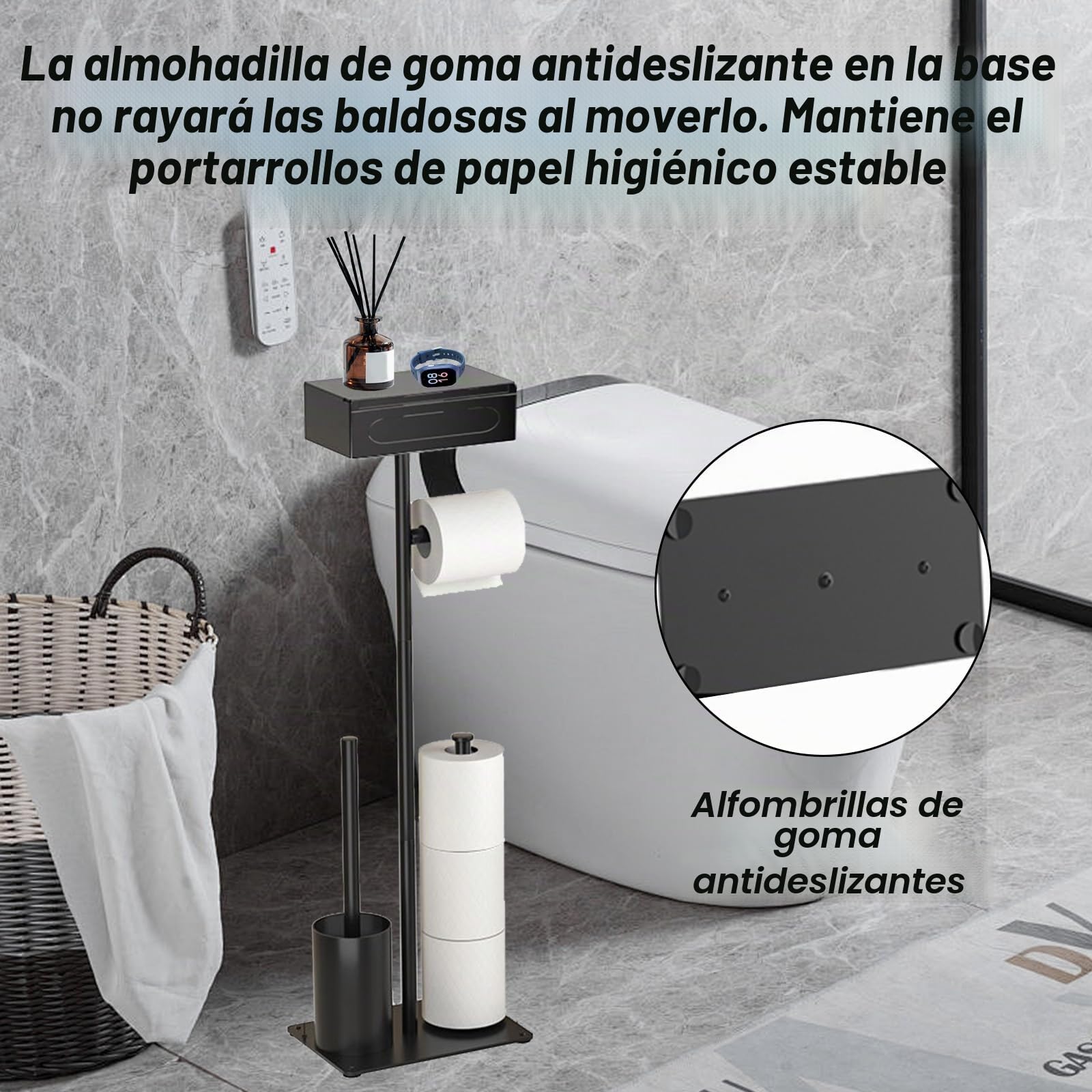 Porta Rollos de Papel Higienico Negro, Portarrollos y Escobilla Baño con Estante Superior Soporte para Papel Higiénico de Acero Inoxidable sin Necesidad para 3 Rollos de Repuesto