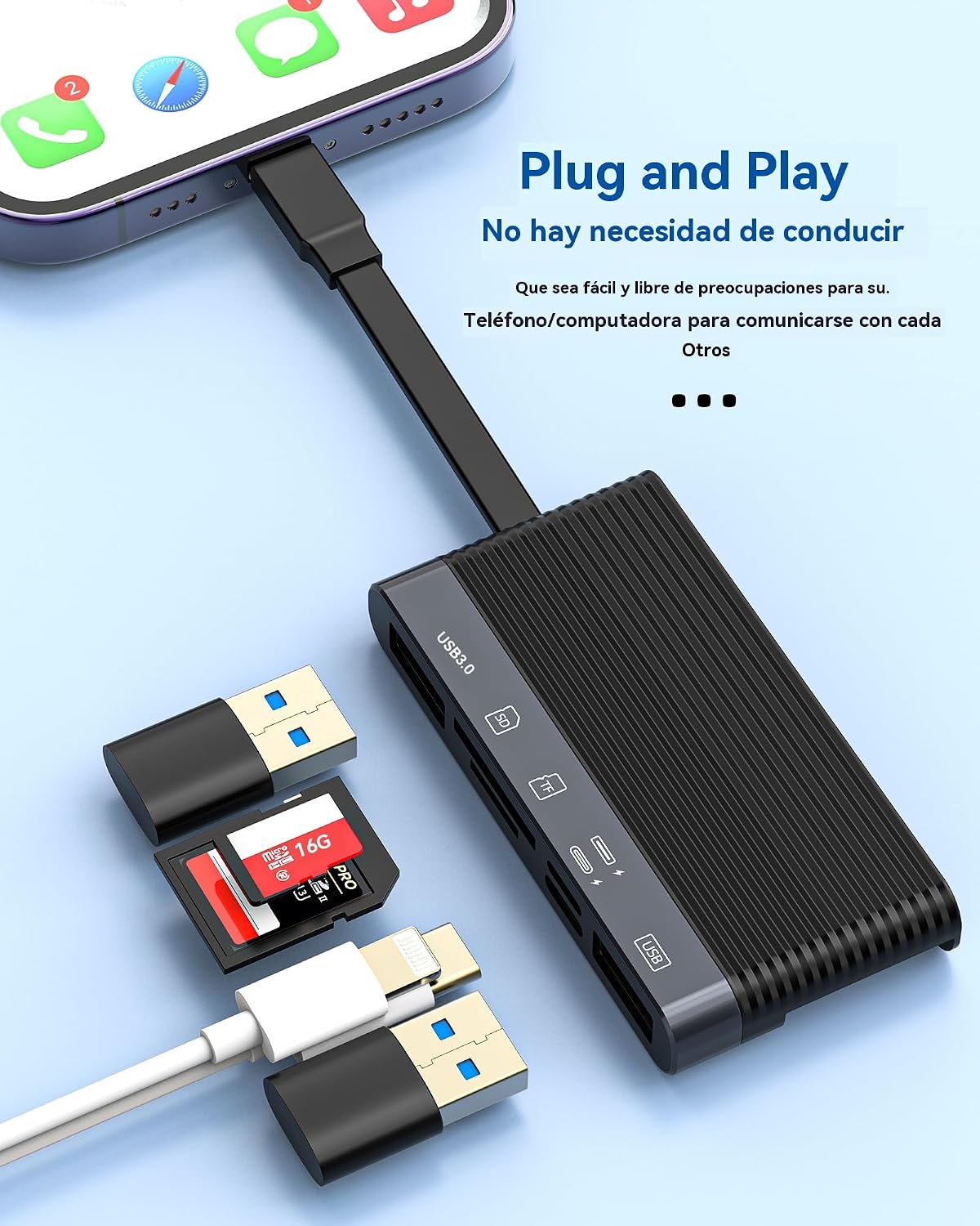 USB C Lightning to SD Card Reader USB 3.0 2.0 Adapter (6in2) for iPhone 16 15 14 13 Pro Max Type C Cable Charger Micro SD TF Card Reader for iPad Compatible with Samsung Camera Android
