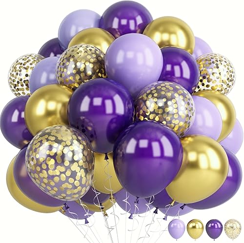 Juego de 60 globos morados y dorados con confeti dorado para fiestas de cumpleaños moradas y decoraciones de despedida de soltera