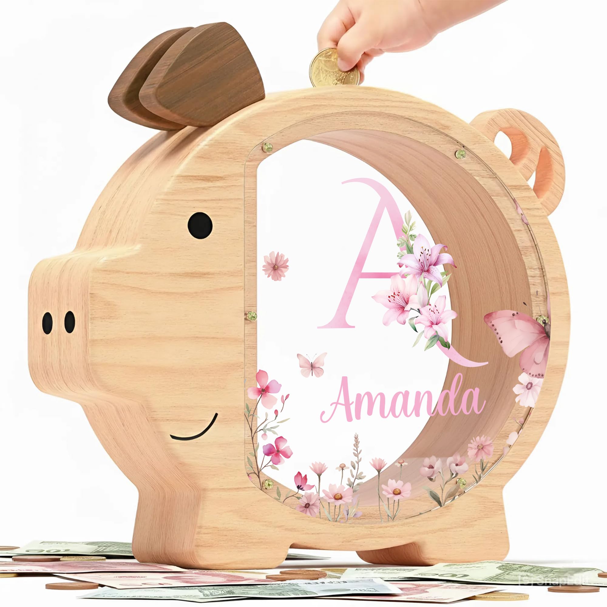 Personalized Piggy Bank, Wooden Money Banks for Kids, Custom Gifts for Boys and Girls, Personalized Piggy Bank for Girls (DK03 Wildflower)