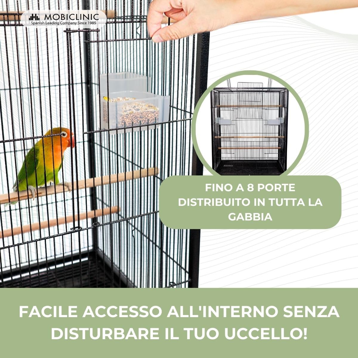 Mobiclinic® Pets, Gabbia per uccelli, NINFA, Ruote per il trasporto, Freni, Apertura superiore, Vassoio rimovibile, 8 porte, Grandi dimensioni, 95x43x61,5 cm, Mangiatoie, Abbeveratoi, Posatoi