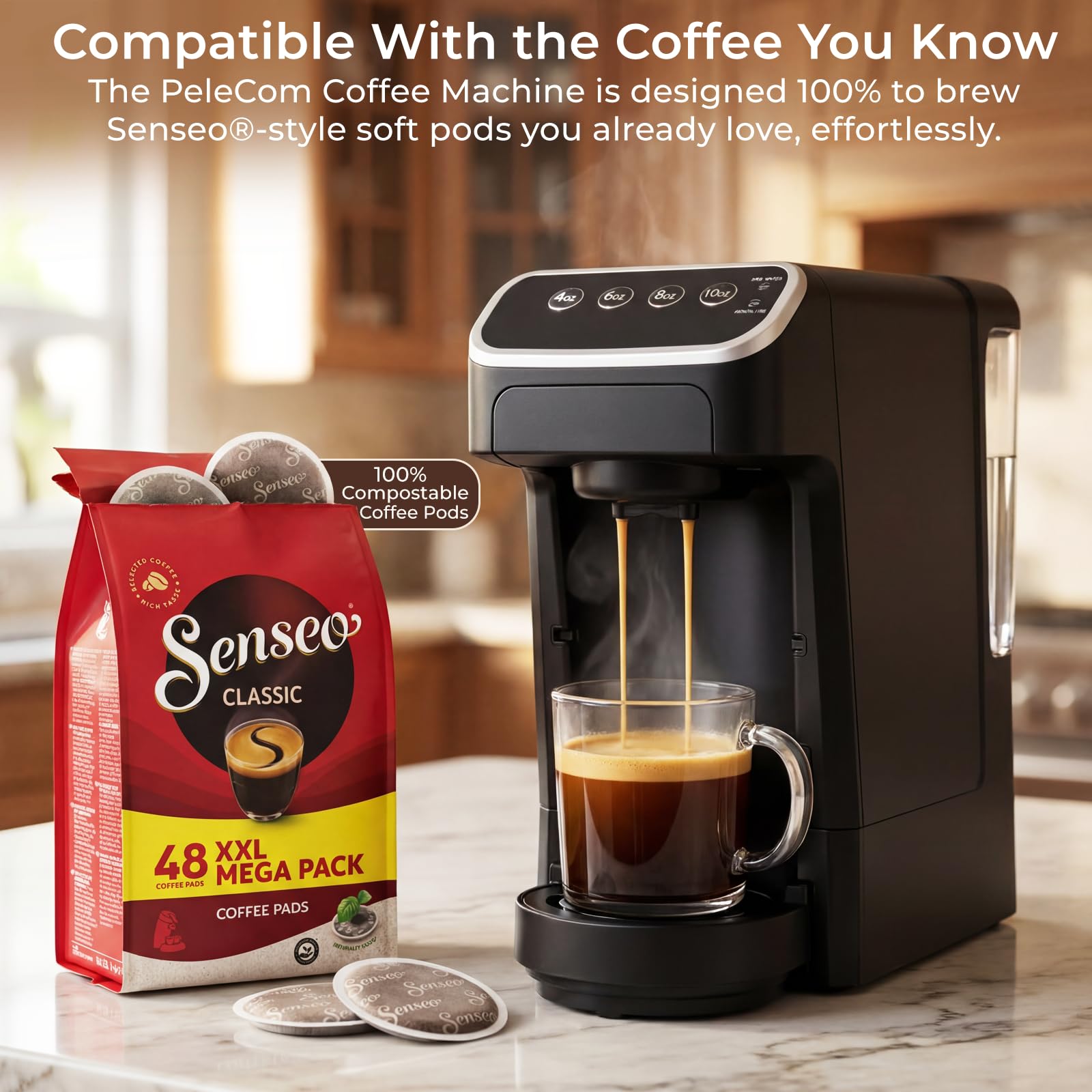 Cafetera compatible con cápsulas Senseo, cafetera de una sola porción de preparación rápida con extracción de rico sabor, capa de crema, diseño elegante que ahorra espacio, sabor de calidad