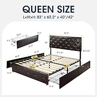 Vista 107 de WEEWAY Base de cama de plataforma de tamaño matrimonial con 4 cajones de almacenamiento, cabecera capitonada con botones de costura de diamante