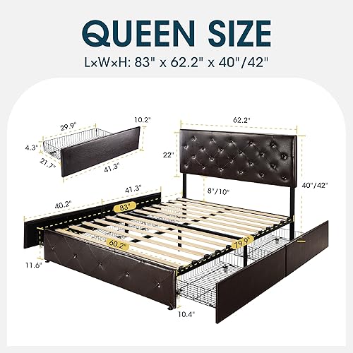 Miniatura 104 de WEEWAY Base de cama de plataforma tamaño Queen con 4 cajones de almacenamiento, cabecera capitonada con botones de costura de diamante, base de