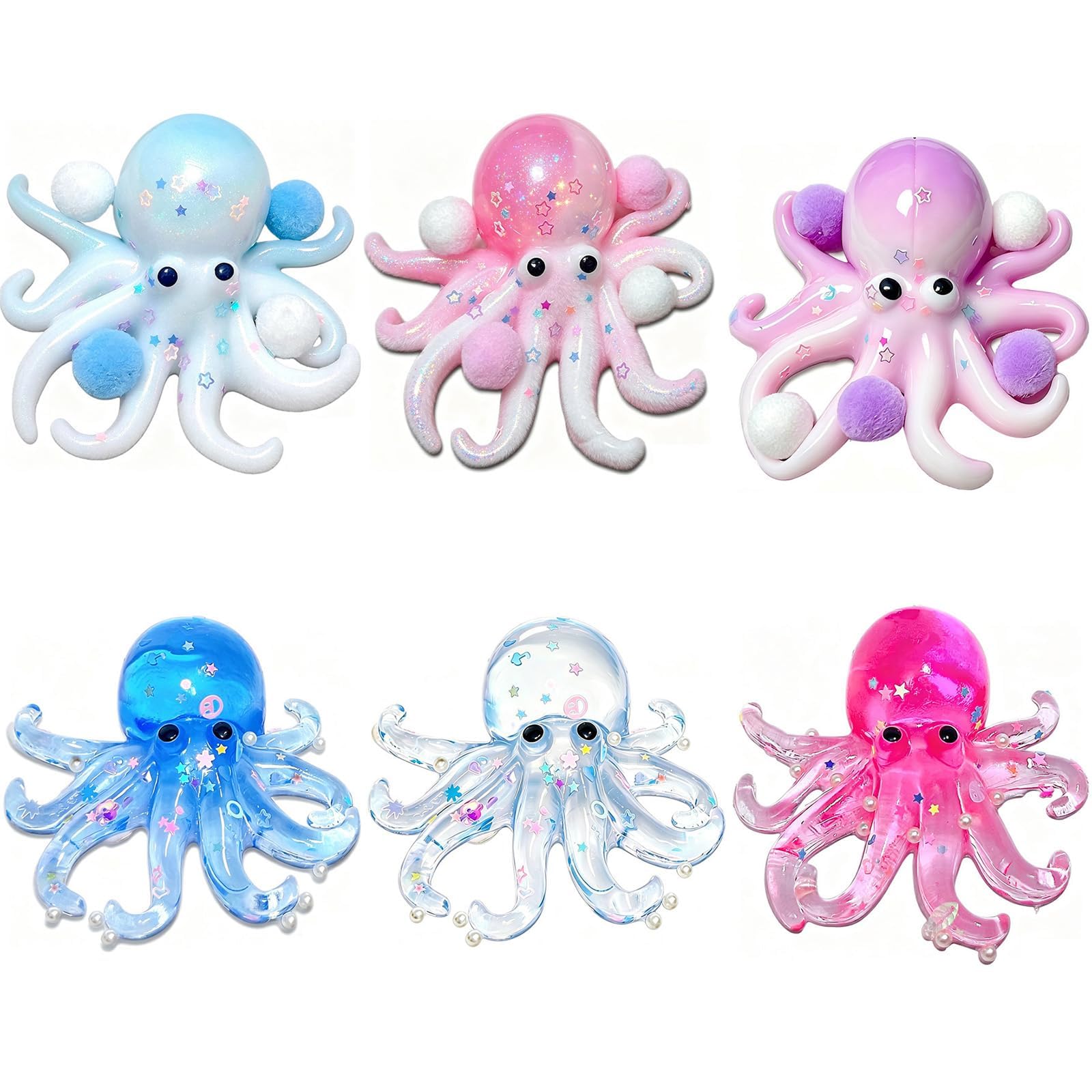 6 PCS Octopus Squishy, squishies cute, Assorted Colour Varieties Including Blue White Mix, Pink White Mix and Transparent Options