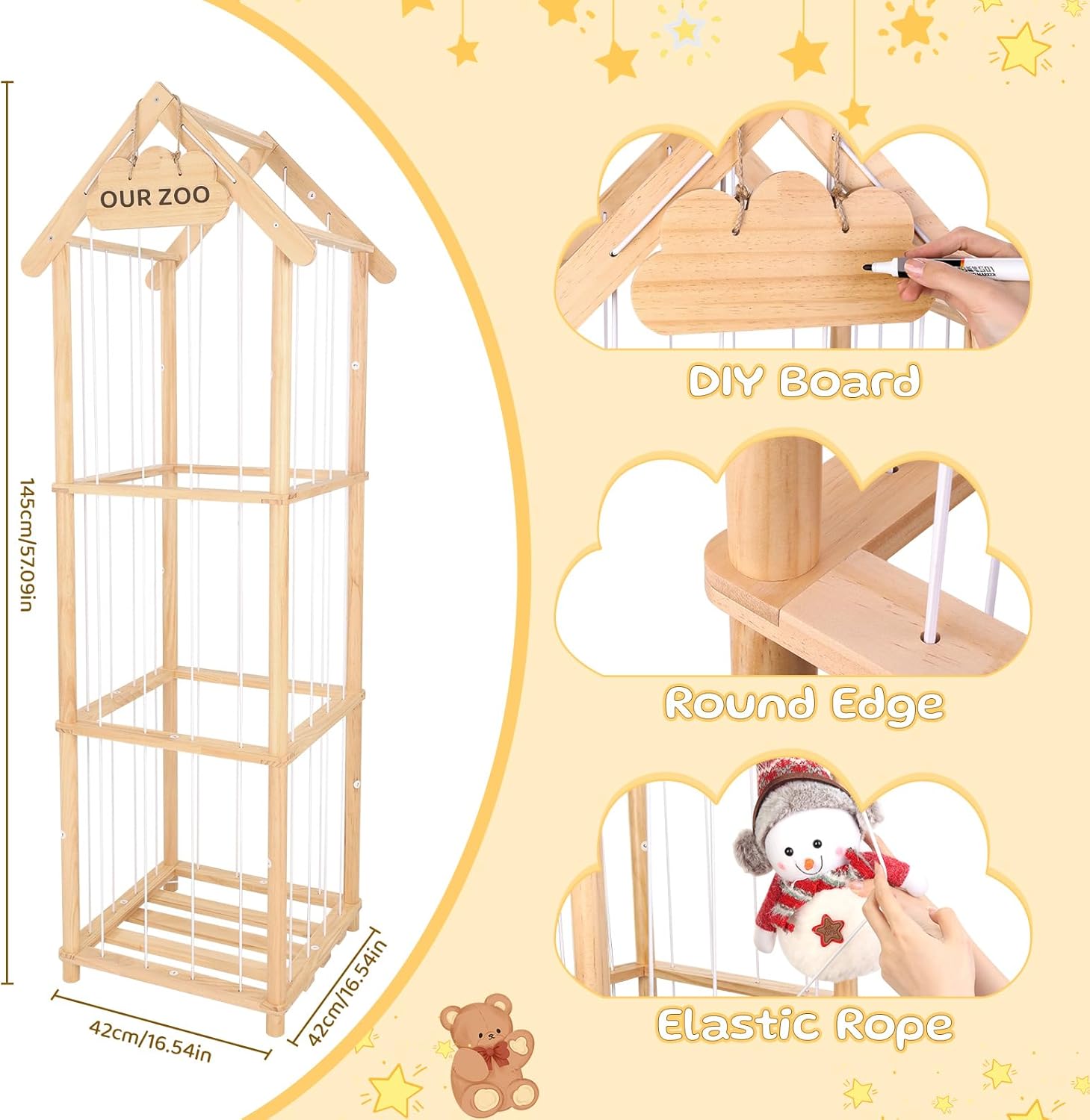 HOMIEE Stuffed Animal Storage Organizer, Wood Stuffed Animal Zoo Toy Holder for Playrooms, Bedrooms, Nursery Room