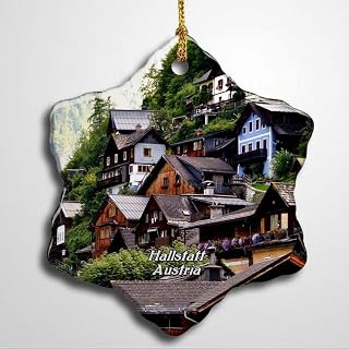 Austria Hallstatt House Christmas Ceramic Ornament Xmas Tree Decor Souvenirs Double Sided Snowflake Porcelain Home Gifts
