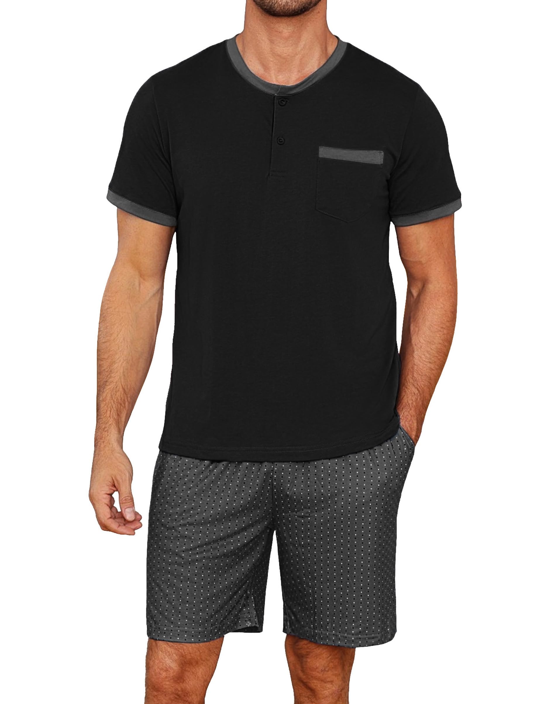 Jahetuul Pyjama Herren kurz Schlafanzug Männer Schlafanzugoberteil Schlafanzughose kurz Zweiteiliger Shorty Pyjama Hausanzug Loungewear Baumwolle