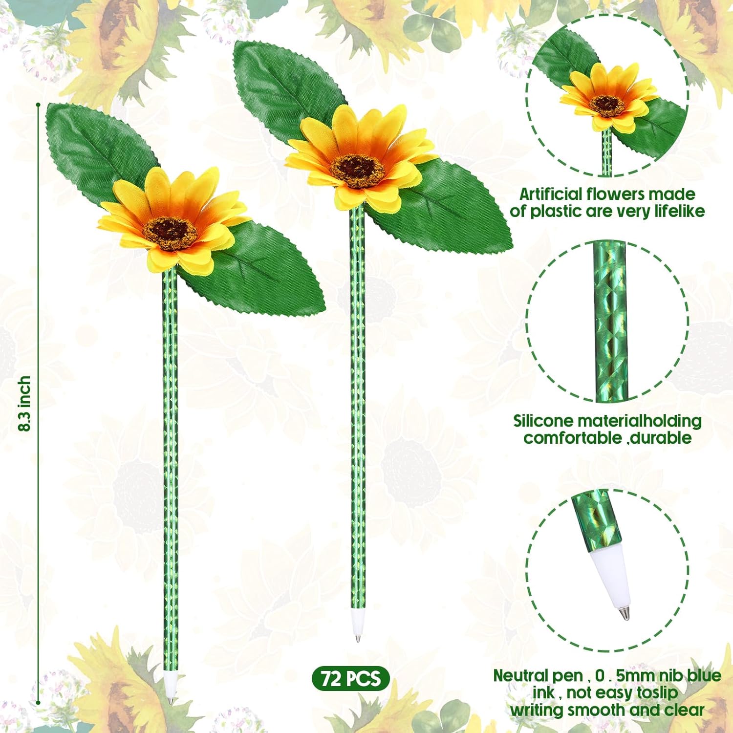 Fumete 72 Pack Sunflower Pens Set Artificial Yellow Flower Ballpoint Pens for Sunflower Party Favors Home Office Supplies Presents Bags Filler