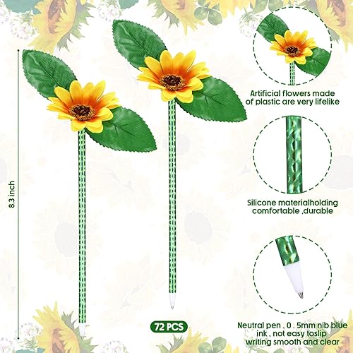 Miniatura 2 de Fumete Paquete de 72 bolígrafos de girasol, bolígrafos artificiales de flores amarillas, bolígrafos de margaritas sintéticas, recuerdos de fiesta,