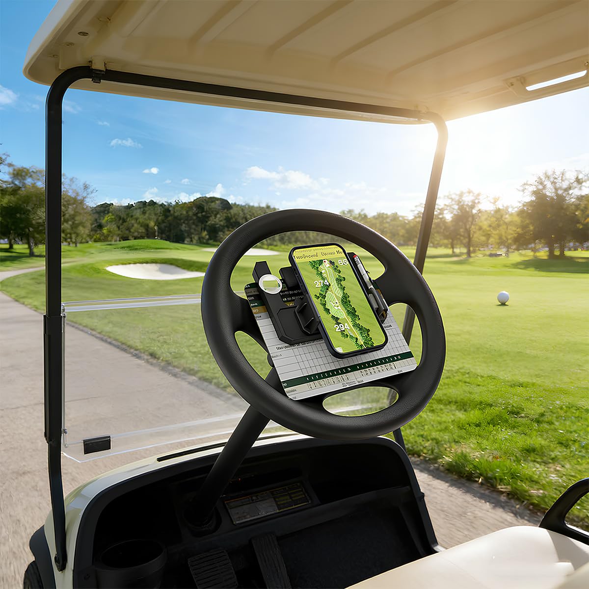 Golf Cart Steering Wheel Phone Holder, Flip Up Phone Holder with Scorecard Slot Secure Spring One‑Hand Operation Spring Quick Clamp for Club Car EZGO Yamaha — view 5