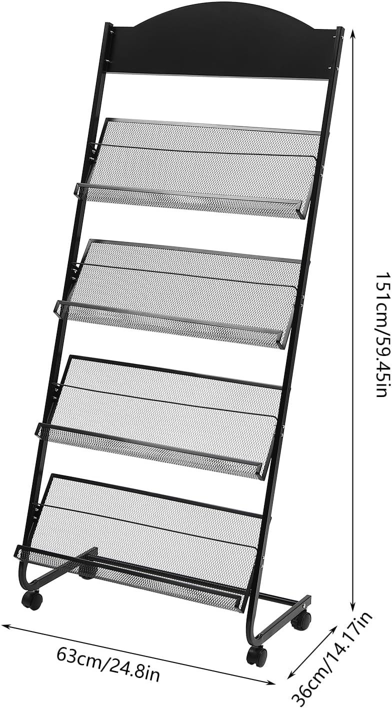 Floor-Standing Magazine Rack, 4-Layer Brochure Display Stand Tiered Design Magazine Stand Detachable Magazine Display with Casters for Exhibitions, Shopping Malls, Hospitals, Offices(BLACK)