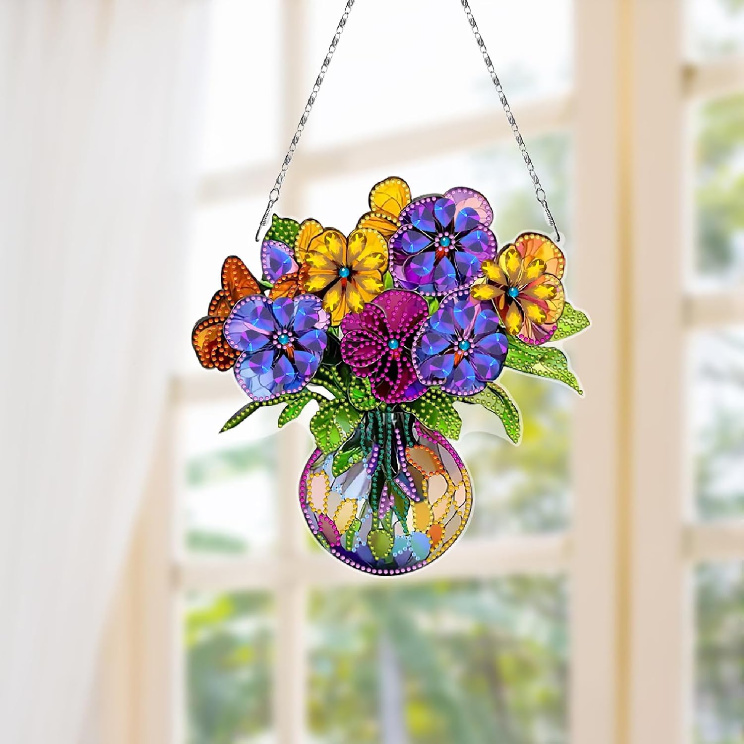 BAYUNOE 2Pcs DIY Hanging Diamond Pendant Stained Glass Diamond Art Painting Ornament Double Sided Pattern Single Sided Drill Window Home Garden Wall Door Decor