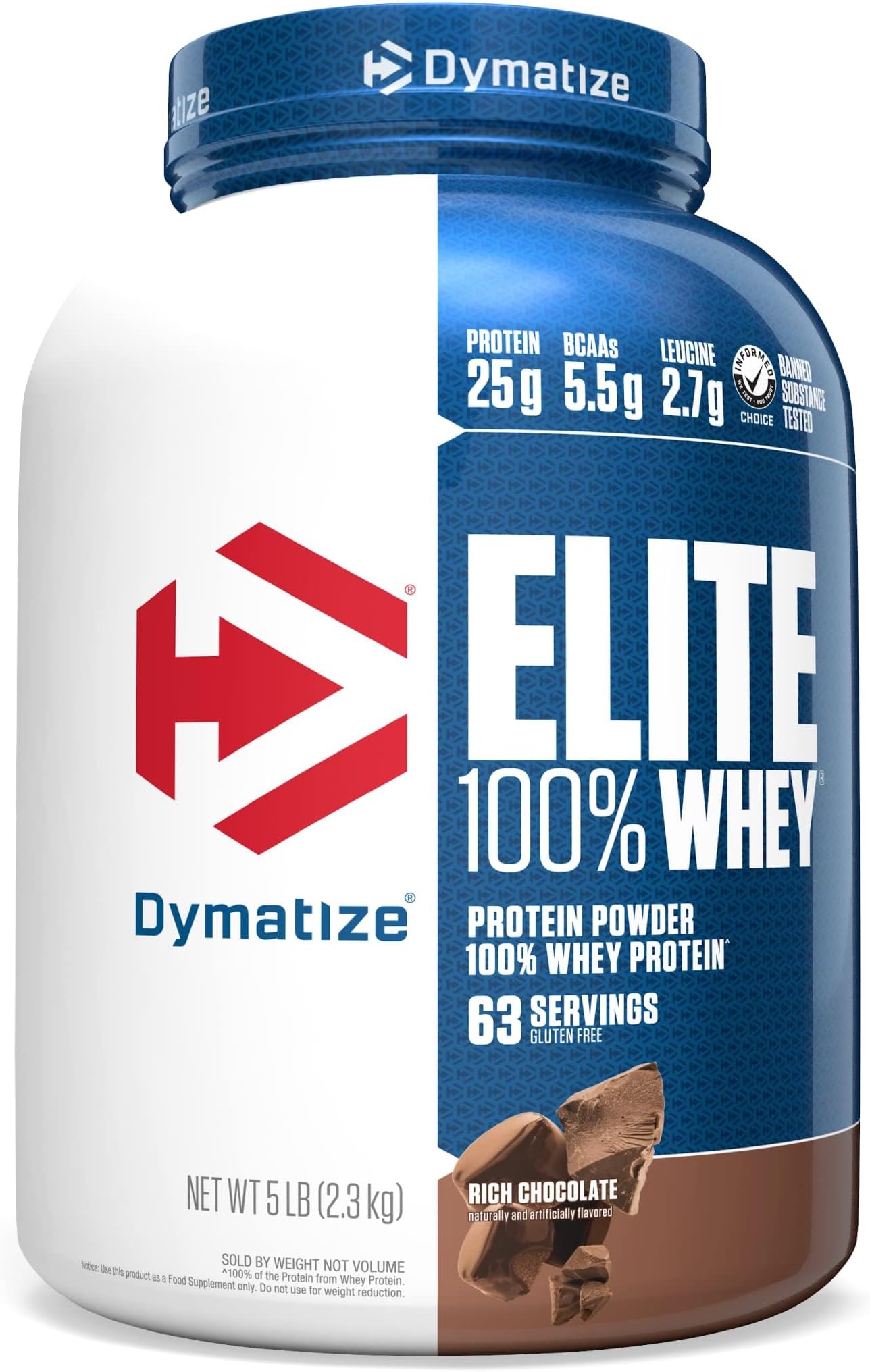 Elite 100% Whey Protein Powder, 25g Protein, 5.5g BCAAs & 2.7 L-Leucine, Quick Absorbing & Fast Digesting for Optimal Muscle Recovery, Rich Chocolate, 5 Pound (63 Servings)