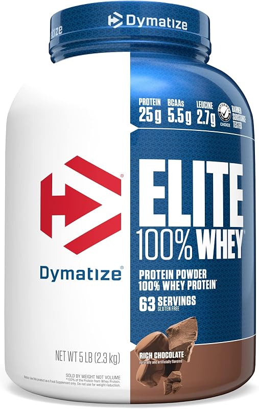 Dymatize Elite 100% Whey Protein Powder, 25g Protein, 5.5g BCAAs & 2.7 L-Leucine, Quick Absorbing & Fast Digesting for Optimal Muscle Recovery, Rich Chocolate, 5 Pound (63 Servings)