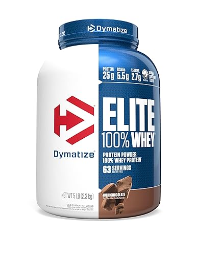 Polvo de Proteína Whey 100% Elite de Dymatize, 25g de Proteína, 5.5g de BCAAs y 2.7 L-Leucina, Rápido de Absorción y de Rápida Digestión para una Óptima Recuperación Muscular, Chocolate Rico, 5 Libras (63 Porciones)