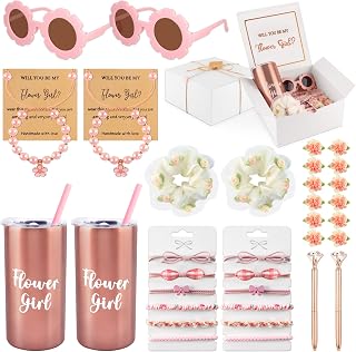 40pcs Flower Girl Proposal Gifts Set of 2, Rose Gold 12oz Tumbler Sunglasses Pearl Bracelet Diamond Pen Hair Ties Will You Be My Flower Girl Card Box