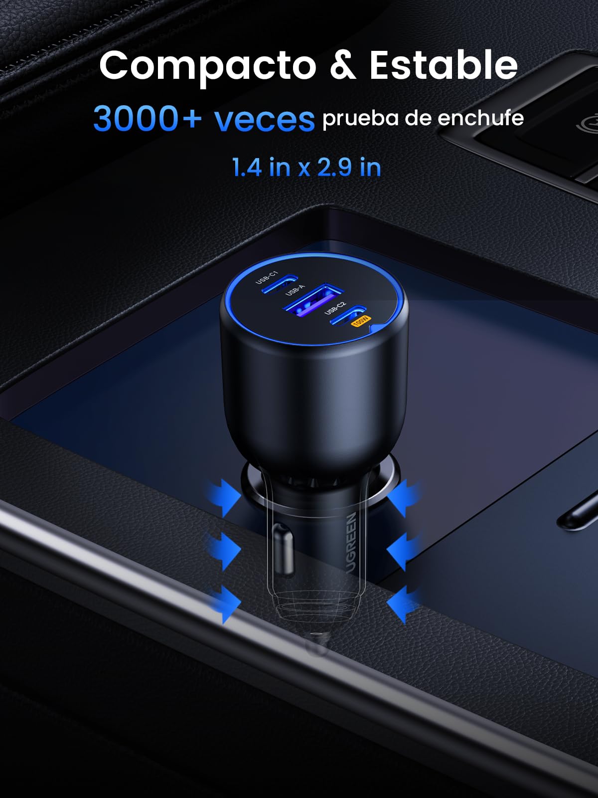 UGREEN 130W Cargador de Coche USB C, Car Charger Tipo C Carga Rápida de 3 Puertos con Cable de 100W, Compatible con iPhone 17 Pro MAX Air/16/15, Samsung Galaxy S25/S24, MacBook, iPad Pro, Air Mini