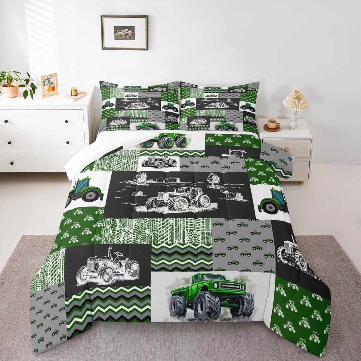 Tractor Bedding Set Twin Size Equipment Trucks Comforter Farmhouse Harvester Down Comforter for Kids Boys Car Bedroom Decor Green Vehicle Quilt Plaid with 1 Pillowcase, Grey - Image 2